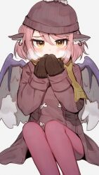Rule 34 | 1girl, adapted costume, animal ears, bird ears, bird wings, blush, breath, brown coat, brown hat, brown mittens, brown pantyhose, coat, cold, earrings, feet out of frame, hair between eyes, hat, highres, jewelry, long sleeves, mittens, mystia lorelei, pantyhose, pink hair, scarf, shone, short hair, simple background, solo, touhou, white background, white wings, winged hat, wings, yellow eyes, yellow scarf
