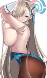 Rule 34 | 1girl, :o, absurdres, animal ears, arched back, arms up, asuna (blue archive), asuna (bunny) (blue archive), black pantyhose, blue archive, breast press, breasts, breasts out, brown pantyhose, bun6467, dripping, elbow gloves, gloves, green eyes, grey hair, hair over one eye, half-closed eyes, halo, highres, leotard, leotard pull, looking at viewer, mole, mole on breast, one eye covered, pantyhose, playboy bunny, rabbit ears, rabbit tail, sideboob, simple background, smile, sweat, tail, thighband pantyhose, thighs, topless, white background, white gloves