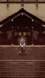 Rule 34 | 1girl, female focus, monochrome, sepia, shrine, sitting, sitting on stairs, solo, stairs, touhou, yasaka kanako, yoshioka yoshiko