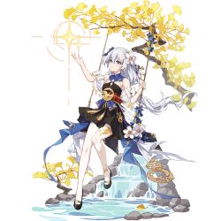 Rule 34 | 1girl, bare shoulders, black footwear, blue eyes, chinese clothes, flower, full body, hair flower, hair ornament, honkai (series), honkai impact 3rd, long hair, official art, rock, sitting, theresa apocalypse, thighhighs, third-party source, transparent background, water, white hair, zhuge kongming (honkai impact)