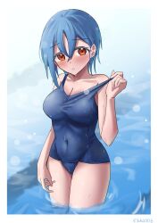 Rule 34 | 1girl, absurdres, artist name, blue hair, blue one-piece swimsuit, blush, border, breasts, cleavage, clothes pull, collarbone, commentary request, covered navel, earrings, hair between eyes, highres, jewelry, looking at viewer, love live!, love live! superstar!!, medium breasts, one-piece swimsuit, one-piece swimsuit pull, orange eyes, outdoors, partially submerged, pool, rikka006, school swimsuit, short hair, solo, standing, stud earrings, swimsuit, upper body, variant set, wading, wakana shiki, water, wet, wet clothes, wet hair, wet swimsuit, white border