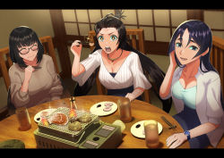 Rule 34 | 3girls, alternate costume, beppu mitsunaka, breasts, casual, chopsticks, cleavage, contemporary, cup, drinking glass, fate/grand order, fate (series), food, from above, glasses, grill, highres, himiko (fate), indoors, large breasts, long hair, looking at viewer, magatama, magatama necklace, minamoto no raikou (fate), multiple girls, necklace, open mouth, osakabehime (fate), oyster, sitting, smile, sparkling eyes, sweater, table, watch, wavy mouth, wristwatch