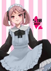 Rule 34 | 1girl, :3, alternate costume, apron, black dress, clothes lift, commentary request, cowboy shot, dated, dress, dress lift, enmaided, frilled apron, frills, hair bobbles, hair ornament, highres, johssnny, kantai collection, looking at viewer, maid, maid day, pink eyes, pink hair, sazanami (kancolle), school uniform, serafuku, short hair, smile, solo, striped, striped background, twintails, white apron