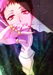 Rule 34 | 1boy, andro m. jazz, black hair, black shirt, earrings, fangs, highres, ichika392, jewelry, mairimashita! iruma-kun, male focus, nail polish, necklace, open clothes, open mouth, open shirt, pointy ears, red eyes, red nails, ring, shirt, short hair, solo, stud earrings, upper body
