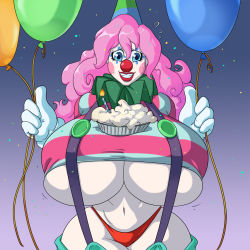 Rule 34 | 1girl, balloon, blue eyes, breasts, clown, clown girl, clown nose, cowboy shot, crop top, food, four fingers, gloves, hat, highres, huge breasts, lemonfont, long hair, looking at viewer, makeup, nervous, nickels the clown, panties, party hat, pie, pink hair, red panties, shirt, smile, spiraling staircase, striped clothes, striped shirt, suspenders, thick thighs, thighs, thong, underboob, underwear, wavy hair, wide hips