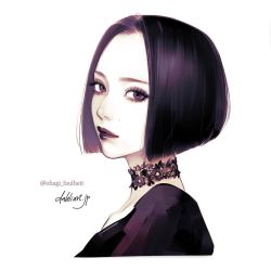 Rule 34 | 1girl, artist name, bad id, bad instagram id, black dress, black hair, black lips, bob cut, choker, closed mouth, commentary, dress, english commentary, eyelashes, flower choker, forehead, from side, lips, lipstick, looking at viewer, makeup, mole, mole under eye, nose, original, parted bangs, short hair, simple background, solo, takenaka, watermark, web address, white background