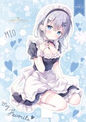 Rule 34 | 1girl, amedamacon, apron, artist name, black dress, blue eyes, blush, breasts, cleavage, closed mouth, commentary request, dress, frilled dress, frills, grey hair, hair between eyes, hair ornament, hairclip, hand up, heart, highres, looking at viewer, maid, maid headdress, medium breasts, original, outline, puffy short sleeves, puffy sleeves, rabbit hair ornament, seiza, short sleeves, sitting, solo, thighhighs, waist apron, white apron, white outline, white thighhighs, wrist cuffs