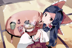 Rule 34 | 1girl, alternate hairstyle, aoi kujira, black hair, bow, bowl, bright pupils, chopsticks, cup, detached sleeves, dress, eating, food, from above, green tea, hair bow, hair tubes, hakurei reimu, indoors, long hair, long sleeves, looking at viewer, looking back, meandros, noodles, parted bangs, ramen, red dress, red eyes, sarashi, sitting, solo, table, tatami, tea, teacup, touhou, white pupils, wide sleeves, yunomi