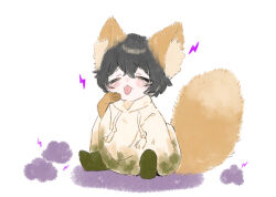 Rule 34 | 1boy, animal ears, animal hands, black hair, blush, cape, closed eyes, drawstring, e.g.o (project moon), electricity, fox ears, fox tail, hood, hood down, hooded cape, limbus company, male focus, project moon, simple background, sitting, solo, static electricity, tail, tears, tongue, tongue out, uchimura (rino0525), white background, white cape, yi sang (project moon)