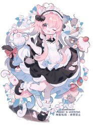 Rule 34 | :3, ahoge, animal ears, ankle garter, apron, bell, black bow, black dress, black footwear, blush, bottle, bow, cake, cat ears, cat girl, cat tail, coffee cup, commentary, cookie, cotono (nazekun), cup, cupcake, disposable cup, dress, ear piercing, english commentary, fang, flower, fluff, food, fruit, full body, grey hair, hair between eyes, hair bow, heart, heart ahoge, highres, holding, holding teapot, holding tray, indie virtual youtuber, layered dress, long hair, long sleeves, looking at viewer, maid, maid apron, maid headdress, mouse (animal), multicolored hair, neck bell, nekone mia, one eye closed, open mouth, piercing, pink hair, red bow, red eyes, shoes, short dress, sidelocks, simple background, sleeves rolled up, standing, standing on one leg, strawberry, tail, tail bow, tail ornament, teapot, tray, two-tone hair, watermark, white apron, white background