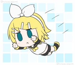 Rule 34 | 1girl, :&lt;, aqua eyes, black leg warmers, black sailor collar, black shorts, blonde hair, blue background, bow, bow hairband, chibi, detached sleeves, falling, flat color, full body, grid background, hair bow, hair ornament, hairband, hairclip, hatsune negame, jitome, kagamine rin, light blush, motion lines, outstretched arms, sailor collar, shirt, short hair, shorts, solid oval eyes, solo, swept bangs, twitter username, vocaloid, white bow, white shirt