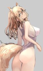 Rule 34 | 1girl, animal ears, arknights, ass, bare legs, blonde hair, blush, breasts, commentary, cowboy shot, from behind, gnggp, grey background, hair between eyes, highres, horse ears, horse girl, horse tail, long hair, looking at viewer, looking back, medium breasts, nearl (arknights), nearl (shimmering dew) (arknights), official alternate costume, one-piece swimsuit, parted lips, sideboob, simple background, sketch, solo, standing, swimsuit, tail, white one-piece swimsuit, yellow eyes