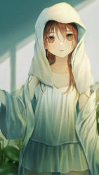 Rule 34 | 1girl, absurdres, after bathing, artist name, brown eyes, brown hair, collarbone, commentary, highres, long hair, looking at viewer, loungewear, nekoyama iori, original, parted lips, skirt, solo, symbol-only commentary, towel, towel on head, white skirt