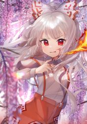 Rule 34 | 1girl, :q, absurdres, bad id, bad pixiv id, blood, blurry, blurry foreground, bow, breasts, cuts, depth of field, fire, floating hair, flower, fujiwara no mokou, hair bow, hand up, high-waist pants, highres, huge filesize, injury, light blush, long hair, long sleeves, looking at viewer, ofuda, omodaka romu, outdoors, pants, pink flower, pyrokinesis, red eyes, red pants, shirt, silver hair, small breasts, solo, suspenders, sweat, tongue, tongue out, touhou, upper body, v-shaped eyebrows, very long hair, white bow, white shirt, wisteria