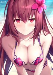 Rule 34 | 1girl, 3:, bikini, blurry, blush, bokeh, breasts, brown hair, cleavage, commentary request, covered erect nipples, cowboy shot, day, depth of field, embarrassed, eyelashes, fate/grand order, fate (series), flower, foreshortening, hair between eyes, hair intakes, hair ornament, hibiscus, highres, leaning forward, long hair, looking at viewer, medium breasts, outdoors, pink bikini, purple bikini, red eyes, rin yuu, scathach (fate), scathach (fate/grand order), scathach (swimsuit assassin) (fate), side-tie bikini bottom, solo, standing, stomach, swimsuit, v-shaped eyebrows, very long hair, wavy mouth, wet, wet hair