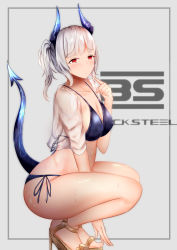 Rule 34 | 1girl, absurdres, arknights, bare legs, bikini, blacksteel worldwide logo, blue bikini, breasts, commentary request, grey background, high heel sandals, highres, horns, kokihanada, liskarm (arknights), looking at viewer, medium breasts, open clothes, open shirt, partial commentary, ponytail, red eyes, sandals, see-through, short hair, side-tie bikini bottom, silver hair, simple background, solo, squatting, swimsuit, tail, thighs