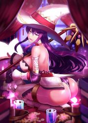 Rule 34 | 1girl, :p, ass, bad id, bad pixiv id, bare shoulders, book, breasts, candle, doku-chan (dokkudokudoku), hat, highres, huge breasts, looking at viewer, original, purple hair, seiza, sideboob, sitting, solo, staff, thighs, tongue, tongue out, witch hat