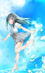 Rule 34 | 1girl, :d, asashio (kancolle), barefoot, black hair, blue sky, blush, cloud, cloudy sky, comah, commentary request, day, dress shirt, green eyes, grey skirt, highres, kantai collection, long hair, looking at viewer, looking to the side, open mouth, outdoors, pleated skirt, shirt, short sleeves, skirt, sky, smile, solo, standing, standing on one leg, suspender skirt, suspenders, teeth, upper teeth only, water, water drop, white shirt