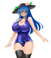 Rule 34 | 1girl, alternate breast size, bare shoulders, black hat, black thighhighs, blue hair, blue one-piece swimsuit, blush, breasts, cameltoe, cleavage, closed mouth, covered navel, cowboy shot, fruit hat ornament, hat, hinanawi tenshi, honda takaharu, huge breasts, long hair, looking at viewer, one-piece swimsuit, outstretched arms, peach hat ornament, red eyes, school swimsuit, sidelocks, smile, solo, swimsuit, thigh gap, thighhighs, touhou, transparent background