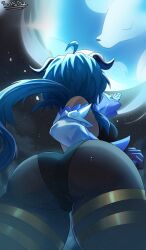 Rule 34 | 1girl, absurdres, ahoge, ass, ass focus, bare shoulders, blue hair, bodysuit, breasts, cameltoe, detached sleeves, from behind, from below, ganyu (genshin impact), genshin impact, gloves, goat horns, hammerofsolace, highres, horns, huge ass, large breasts, leotard, long hair, night, pantyhose, solo, thick thighs, thighs, very long hair
