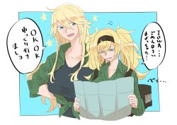 Rule 34 | 2girls, alternate costume, backpack, bag, black bag, blonde hair, blouse, blue background, blue eyes, blue shirt, front-tie top, gambier bay (kancolle), green shirt, green skirt, hair between eyes, hairband, headpat, highres, hisaki (morenabe), iowa (kancolle), kantai collection, long sleeves, map, multiple girls, open clothes, open shirt, shirt, skirt, star-shaped pupils, star (symbol), symbol-shaped pupils, tank top, twintails