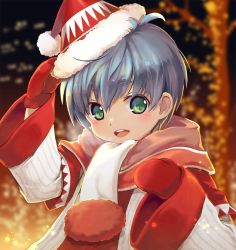 Rule 34 | 1boy, blue hair, christmas, fayt leingod, fujishino shikino, green eyes, hat, looking at viewer, male focus, mittens, open mouth, scarf, smile, solo, star ocean, star ocean anamnesis, star ocean till the end of time, tree, winter clothes, aged down