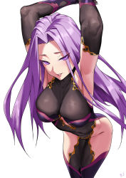 Rule 34 | 1girl, absurdres, armpits, bleemjay, breasts, covered collarbone, elbow gloves, fate/grand order, fate (series), gloves, highres, large breasts, leotard, long hair, looking at viewer, medusa (fate), medusa (rider) (fate), purple eyes, purple hair, simple background, solo, white background