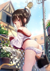 Rule 34 | 1girl, :o, animal, ass, black ribbon, brown hair, butt crack, cat, day, from below, hair ribbon, highres, hose, house, jacket, long sleeves, medium hair, off shoulder, open mouth, original, outdoors, panties, plant, red jacket, ribbon, side ponytail, sign, solo, underwear, water, white jacket, white panties, window, yan (nicknikg)