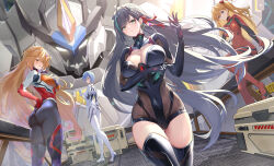 Rule 34 | 4girls, ass, ayanami rei, black hair, blue eyes, blue hair, bodysuit, breasts, collaboration, elbow gloves, from behind, gloves, green eyes, hair ornament, hair over one eye, large breasts, lazgear, leotard, lin (tower of fantasy), long hair, looking at viewer, looking back, mecha, medium breasts, multiple girls, nemesis (tower of fantasy), neon genesis evangelion, open mouth, parted lips, red eyes, robot, short hair, sideboob, souryuu asuka langley, thighhighs, tower of fantasy, very long hair