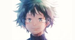 1boy blush boku_no_hero_academia closed_mouth commentary_request crying crying_with_eyes_open freckles green_eyes green_hair happy high_collar highres looking_at_viewer male_focus mebaru messy_hair midoriya_izuku narrowed_eyes nose partial_commentary portrait short_hair simple_background smile solo split_mouth tears white_background