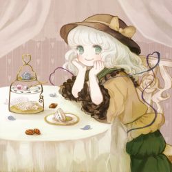 Rule 34 | 1girl, bad id, bad pixiv id, blue flower, blue rose, blush, candy, chair, cookie, cup, curtains, female focus, fish, flower, food, green eyes, green hair, hat, heart, komeiji koishi, matching hair/eyes, petals, rose, short hair, silver hair, sitting, skeleton, skirt, smile, solo, table, teacup, tiered tray, touhou, yujup