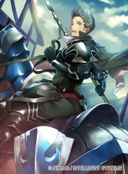 Rule 34 | 1boy, armor, barding, blue eyes, blue hair, cape, fire emblem, fire emblem cipher, fire emblem fates, gauntlets, gloves, horse, lance, male focus, matching hair/eyes, nagahama megumi, nintendo, official art, open mouth, polearm, silas (fire emblem), sky, solo, weapon