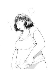 Rule 34 | 00s, 1girl, breasts, cleavage, genshiken, greyscale, highres, kio shimoku, large breasts, monochrome, naked shirt, official art, open mouth, plump, shirt, short hair, simple background, t-shirt, wavy mouth, white background, yajima mirei