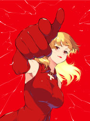 Rule 34 | 1girl, bare shoulders, blonde hair, bright pupils, broken glass, closed mouth, collared dress, dress, elbow gloves, elysion, eyes visible through hair, glass, gloves, index finger raised, jewelry, long hair, looking at viewer, necklace, red background, red dress, red eyes, red gloves, red lips, red theme, simple background, sleeveless, sleeveless dress, solo, sound horizon, stella (sound horizon), white pupils, youhei 64d