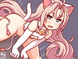 Rule 34 | 1girl, animal ears, bra, cat cutout, cat ear panties, cat ears, cat lingerie, cat tail, cleavage cutout, clothing cutout, drum (kancolle), elbow gloves, frilled bra, frills, gloves, grey eyes, groin, hair rings, kanon (kurogane knights), kantai collection, long hair, meme attire, one-hour drawing challenge, panties, pink hair, side-tie panties, solo, straddling, tail, underwear, underwear only, untied panties, very long hair, white bra, white gloves, white panties