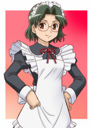 Rule 34 | 1girl, apron, brown eyes, fujii satoshi, glasses, green hair, hands on own hips, maid, maid apron, saki (manga), short hair, smile, solo, someya mako