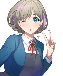 Rule 34 | 1girl, ;o, banababa, blue eyes, blue jacket, breasts, collared shirt, cropped jacket, dress, dress shirt, grey hair, grey skirt, grey vest, highres, jacket, large breasts, light brown hair, long sleeves, looking at viewer, love live!, love live! superstar!!, multicolored hair, neck ribbon, one eye closed, parted lips, pinafore dress, purple hair, red ribbon, ribbon, school uniform, shirt, short hair, simple background, skirt, sleeveless dress, solo, streaked hair, swept bangs, tang keke, upper body, v, vest, white background, white shirt, winter uniform, yuigaoka school uniform