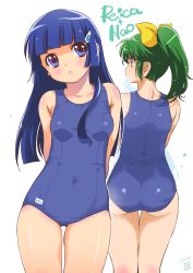 Rule 34 | 10s, 2girls, aoki reika, arms behind back, ass, blue eyes, blue hair, breasts, character name, dated, green eyes, green hair, hair ornament, hair ribbon, hairclip, hime cut, inoue sora, long hair, midorikawa nao, multiple girls, one-piece swimsuit, ponytail, precure, ribbon, school swimsuit, signature, small breasts, smile precure!, swimsuit, tan, towel, wet, white background