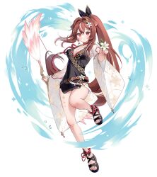 Rule 34 | 1girl, bare legs, belt, black dress, bow (weapon), breasts, brown hair, china dress, chinese clothes, choker, commission, dress, flower, hair flower, hair ornament, highres, holding, holding bow (weapon), holding flower, holding weapon, indie virtual youtuber, leg up, lilya kyomi (fiwivt), long hair, long sleeves, looking at viewer, loose belt, medium breasts, multicolored hair, nami (nyaa), ponytail, red choker, red eyes, sandals, see-through, see-through sleeves, short dress, smile, solo, streaked hair, thighs, very long hair, virtual youtuber, weapon, wide sleeves