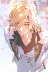 Rule 34 | 1boy, blonde hair, closed mouth, feather hair ornament, feathers, formal, genshin impact, hair between eyes, hair ornament, hand in pocket, kaveh (genshin impact), kaveh (gigo) (genshin impact), long sleeves, looking at viewer, male focus, medium hair, necktie, onegingek, pants, red eyes, red necktie, solo, tuxedo, white pants, white sleeves