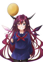 Rule 34 | 1girl, absurdres, alternate costume, balloon, black pantyhose, blue eyes, blue sky, blush, breasts, collarbone, grin, heterochromia, highres, holding, holding balloon, hololive, hololive english, horns, irys (hololive), jan azure, large breasts, long hair, looking at viewer, neckerchief, pantyhose, parted lips, pleated skirt, pointy ears, purple eyes, red hair, red neckerchief, skirt, sky, smile, solo, teeth, virtual youtuber