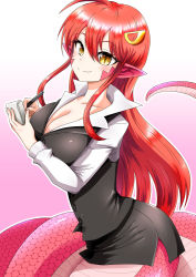 Rule 34 | 1girl, ahoge, alternate costume, breasts, cleavage, collarbone, dress shirt, hair ornament, hairpin, houshi, lamia, large breasts, long hair, looking at viewer, miia (monster musume), monster girl, monster musume no iru nichijou, office lady, pencil skirt, pointy ears, red hair, scales, shirt, skirt, slit pupils, smile, solo, tail, yellow eyes