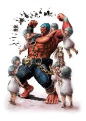 Rule 34 | 1boy, 6+girls, absurdres, age difference, blue hair, capcom, child, colored skin, family, father and daughter, hakan, hakan&#039;s daughter, hakan&#039;s daughters, hakan&#039;s wife, height difference, highres, ikeno daigo, manly, multiple girls, muscular, official art, realistic, red skin, size difference, street fighter, street fighter iv (series)
