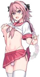Rule 34 | 1boy, absurdres, ae (aeiu4114), astolfo (fate), astolfo (sailor paladin) (fate), bikini, bikini under clothes, black bow, blush, bow, braid, braided ponytail, bulge, clothes lift, commentary request, cowboy shot, crossdressing, fang, fate/apocrypha, fate/grand order, fate (series), hair bow, hair intakes, hand up, highres, lifted by self, long hair, male focus, micro bikini, miniskirt, multicolored hair, navel, neckerchief, official alternate costume, open mouth, pink bikini, pink hair, pink neckerchief, pink skirt, purple eyes, school uniform, shiny skin, shirt lift, side-tie bikini bottom, sidelocks, simple background, skin fang, skirt, solo, streaked hair, striped bikini, striped clothes, sweatdrop, swimsuit, thighhighs, thighs, trap, untying, white background, white bikini, white hair, white thighhighs