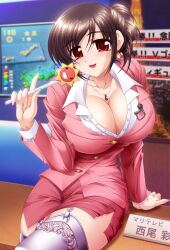 Rule 34 | 1girl, blush, breasts, brown hair, cleavage, desk, dress, earrings, garter straps, hair bun, japanese text, jewelry, large breasts, looking at viewer, lune (company), marine (company), microphone, necklace, newscaster, nishio aya, office, office lady, on desk, oshaburi announcer, rapapuru, red eyes, sitting, on desk, smile, solo, thighhighs, tight clothes, tight dress, weathergirl