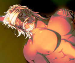 Rule 34 | 1boy, abs, bara, bare pectorals, bare shoulders, beard, blood, blood on face, damianaff14, dark-skinned male, dark skin, facial hair, final fantasy, final fantasy xiv, highres, large pectorals, lyon rem helsos, male focus, manly, mature male, muscular, muscular male, mustache, nipples, pectorals, solo, topless male, white hair, yaoi