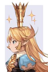Rule 34 | 1girl, armor, blonde hair, blue eyes, breastplate, charlotta (granblue fantasy), closed mouth, crown, granblue fantasy, grey background, harvin, hungry clicker, long hair, looking away, mini crown, pointy ears, puffy short sleeves, puffy sleeves, short sleeves, smile, solo, sparkle, two-tone background, upper body, white background, wing collar