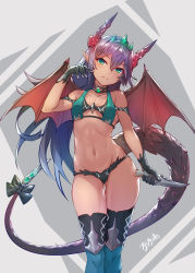 Rule 34 | 1girl, armor, arpeggio kaga, bikini armor, black gloves, black thighhighs, blue hair, breasts, closed mouth, dragon girl, dragon horns, dragon tail, dragon wings, feet out of frame, frown, gloves, gluteal fold, gradient hair, green eyes, grey background, groin, hand up, head tilt, highres, holding, holding knife, horns, jewelry, knife, long hair, looking at viewer, multicolored hair, navel, necklace, original, pointy ears, purple hair, red wings, ribs, skindentation, small breasts, solo, standing, tail, tan, thigh gap, thighhighs, tiara, wings