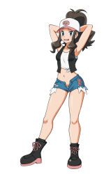 Rule 34 | 1girl, 86-shiki, antenna hair, armpits, arms behind head, bare arms, baseball cap, black footwear, black socks, black vest, blue eyes, boots, breasts, brown hair, commentary request, condom, condom wrapper, creatures (company), eyelashes, game freak, half-closed eye, hat, high ponytail, hilda (pokemon), knees, navel, nintendo, open clothes, open fly, open mouth, open vest, panties, poke ball print, pokemon, pokemon bw, shiny skin, shirt, short shorts, shorts, sidelocks, sleeveless, sleeveless shirt, smile, socks, solo, standing, tied shirt, tongue, two-tone headwear, underwear, vest, white shirt