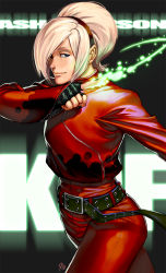 Rule 34 | 1boy, androgynous, ash crimson, belt, blonde hair, blue eyes, cowboy shot, fingerless gloves, fire, gloves, green fire, hair over one eye, hairband, jacket, male focus, nose, pants, pyrokinesis, red pants, rejean dubois, short hair, smile, snk, solo, the king of fighters, zipper